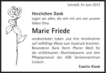 Traueranzeige von Marie Friede von Gmünder Tagespost