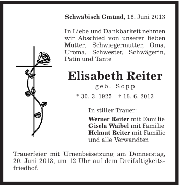 Traueranzeige von Elisabeth Reiter von Gmünder Tagespost