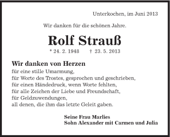 Traueranzeige von Rolf Strauß von Schwäbische Post