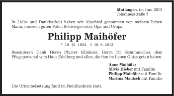 Traueranzeige von Philipp Maihöfer von Gmünder Tagespost