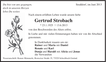 Traueranzeige von Gertrud Strobach von Gmünder Tagespost