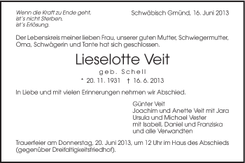 Traueranzeige von Lieselotte Veit von Gmünder Tagespost