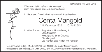 Traueranzeige von Centa Mangold von Schwäbische Post