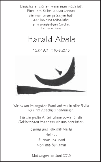 Traueranzeige von Harald Abele von Gmünder Tagespost
