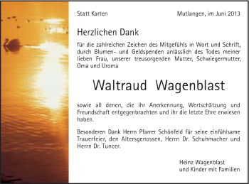 Traueranzeige von Waltraud Wagenblast von Gmünder Tagespost