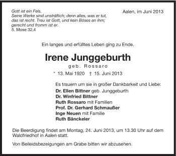 Traueranzeige von Irene Junggeburth von Schwäbische Post