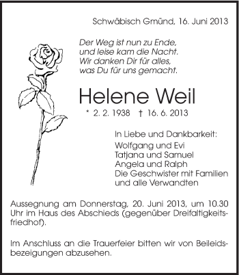 Traueranzeige von Helene Weil von Gmünder Tagespost