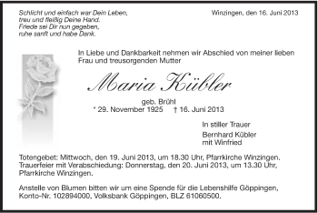 Traueranzeige von Maria Kübler von Gmünder Tagespost