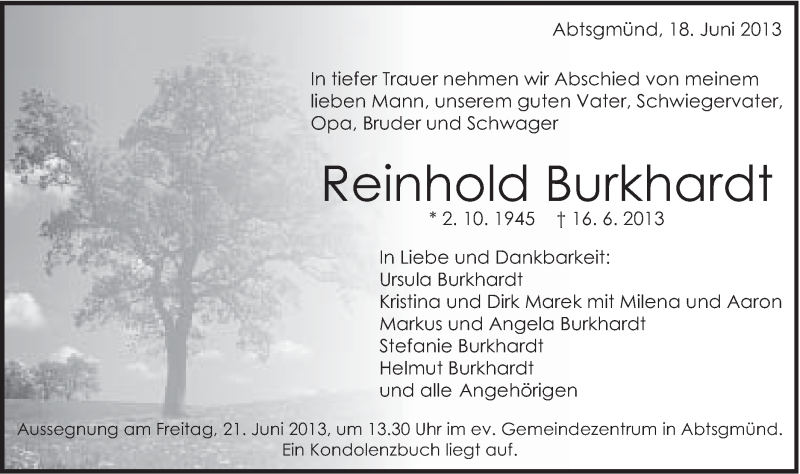  Traueranzeige für Reinhold Burkhardt vom 18.06.2013 aus Schwäbische Post