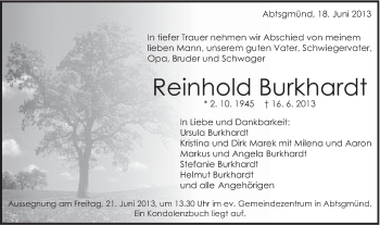Traueranzeige von Reinhold Burkhardt von Schwäbische Post