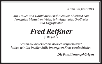 Traueranzeige von Fred Reißner von Schwäbische Post
