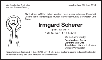 Traueranzeige von Irmgard Scherer von Schwäbische Post