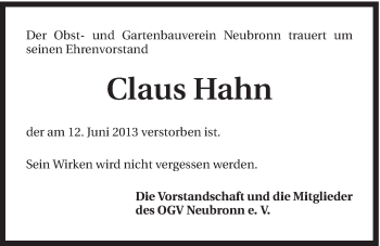Traueranzeige von Claus Hahn von 088