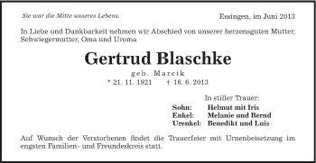 Traueranzeige von Gertrud Blaschke von Schwäbische Post