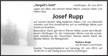 Traueranzeige von Josef Rupp von Schwäbische Post