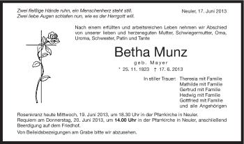 Traueranzeige von Betha Munz von Schwäbische Post