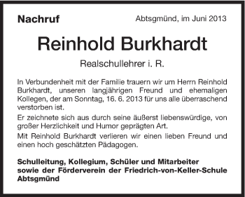 Traueranzeige von Reinhold Burkhardt von Schwäbische Post