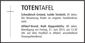 Traueranzeige von Isolde Strobelt von Gmünder Tagespost