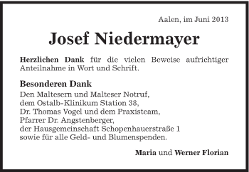 Traueranzeige von Josef Niedermayer von Schwäbische Post