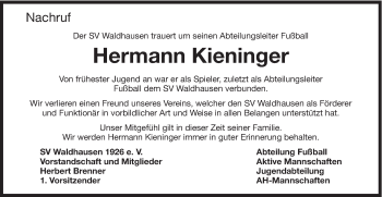 Traueranzeige von Hermann Kieninger von Schwäbische Post