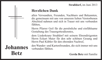 Traueranzeige von Johannes Betz von Gmünder Tagespost