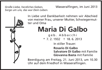 Traueranzeige von Maria di Galbo von Schwäbische Post