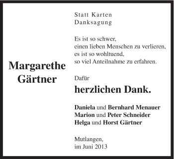 Traueranzeige von Margarethe Gärtner von Gmünder Tagespost