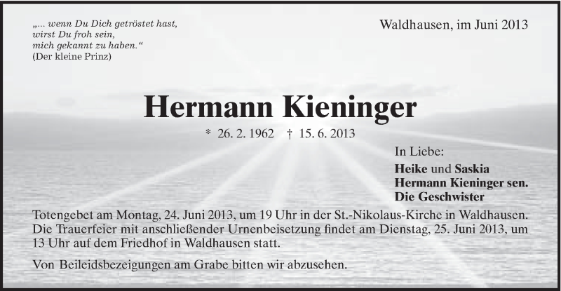  Traueranzeige für Hermann Kieninger vom 21.06.2013 aus Schwäbische Post