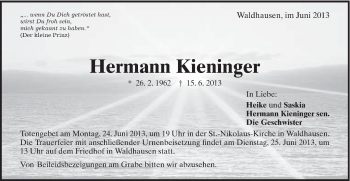 Traueranzeige von Hermann Kieninger von Schwäbische Post
