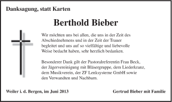 Traueranzeige von Berthold Bieber von Gmünder Tagespost