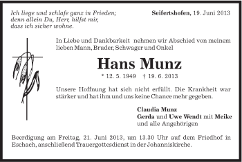Traueranzeige von Hans Munz von Gmünder Tagespost
