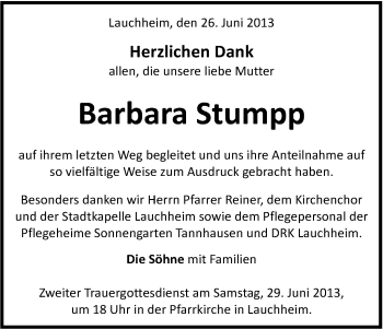 Traueranzeige von Barbara Stumpp von Schwäbische Post