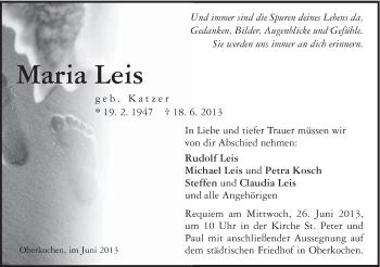 Traueranzeige von Maria Leis von Schwäbische Post