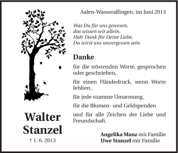 Traueranzeige von Walter Stanzel von Schwäbische Post