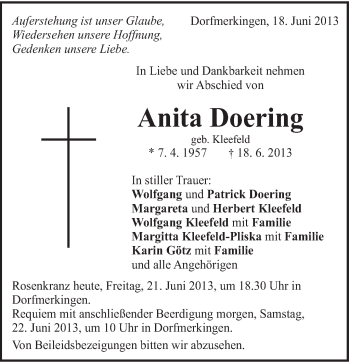 Traueranzeige von Anita Doering von Schwäbische Post