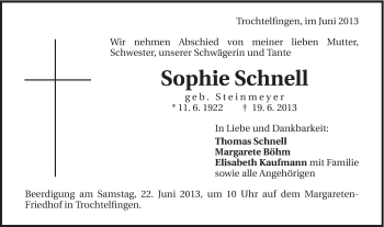 Traueranzeige von Sophie Schnell von Schwäbische Post