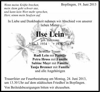 Traueranzeige von Ilse Lein von Schwäbische Post
