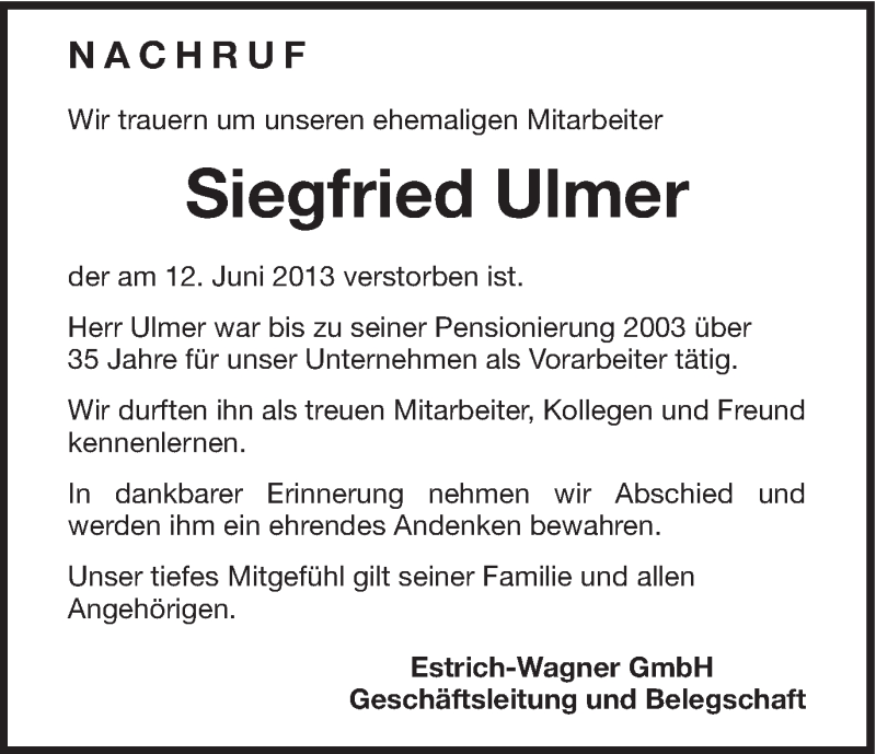  Traueranzeige für Siegfried Ulmer vom 22.06.2013 aus Schwäbische Post
