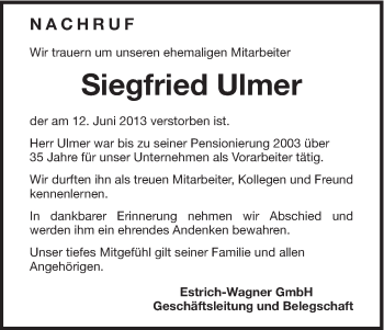 Traueranzeige von Siegfried Ulmer von Schwäbische Post