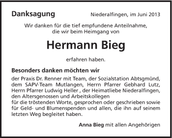 Traueranzeige von Hermann Bieg von Schwäbische Post