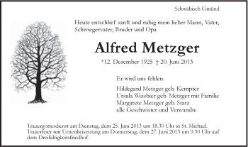 Traueranzeige von Alfred Metzger von Gmünder Tagespost