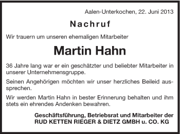 Traueranzeige von Martin Hahn von Schwäbische Post