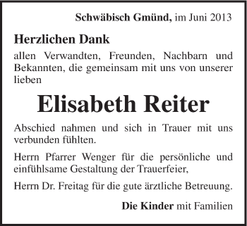 Traueranzeige von Elisabeth Reiter von Gmünder Tagespost