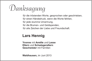 Traueranzeige von Lars Hennig von Gmünder Tagespost