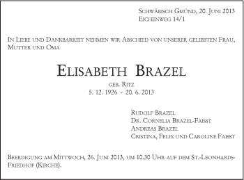 Traueranzeige von Elisabeth Brazel von Gmünder Tagespost