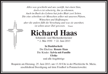 Traueranzeige von Richard Haas von Schwäbische Post