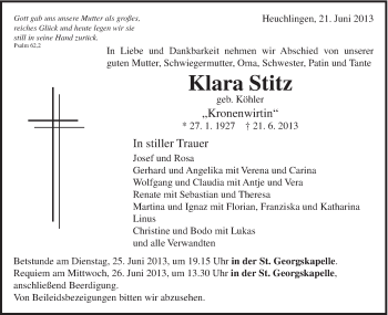 Traueranzeige von Klara Stitz von Gmünder Tagespost