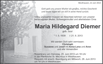 Traueranzeige von Maria Hildegard Diemer von Schwäbische Post