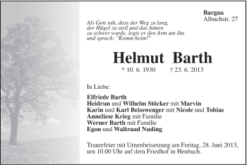 Traueranzeige von Helmut Barth von Gmünder Tagespost