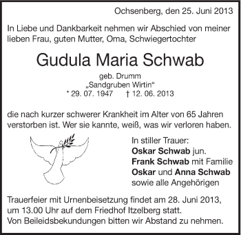 Traueranzeige von Gudula Maria Schwab von Schwäbische Post